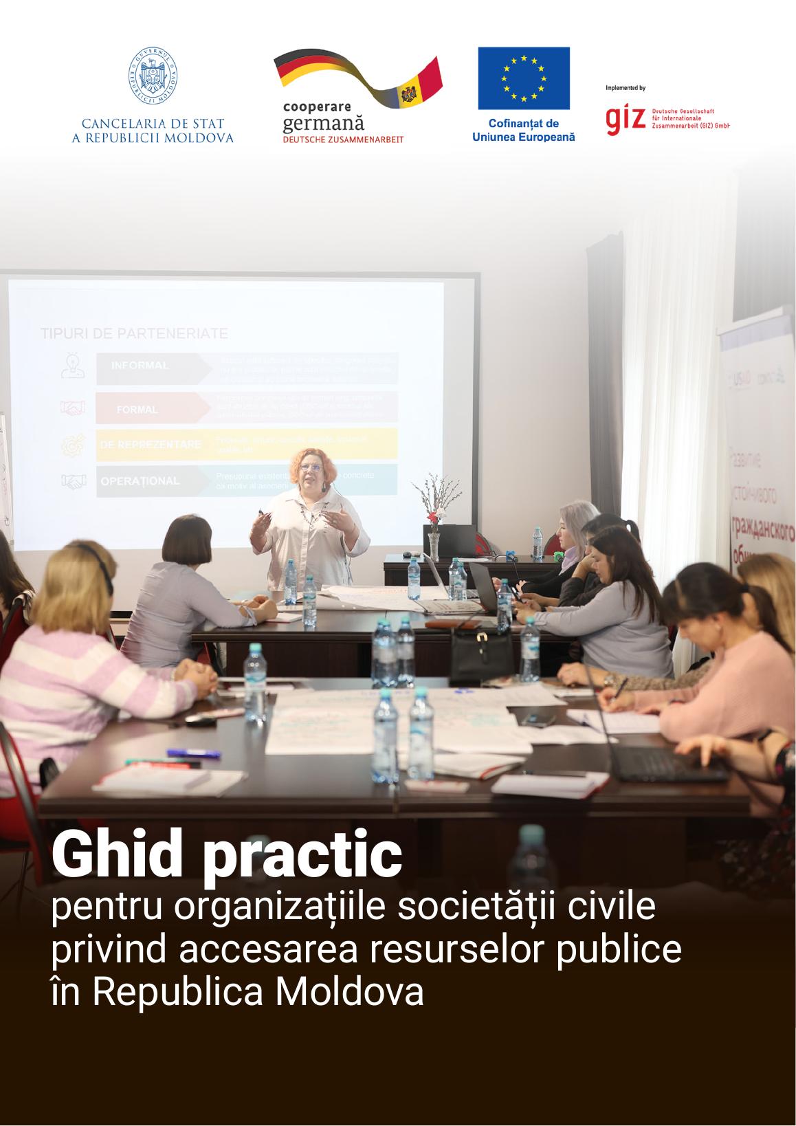 Coperta ghidului practic pentru organizațiile societății civile privind accesarea resurselor publice în Republica Moldova